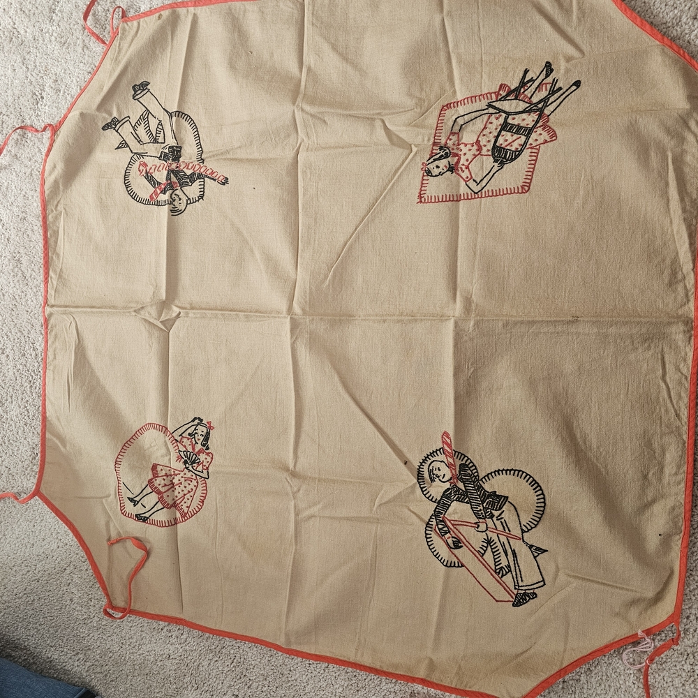 Vintage Tan Tablecloth with Red Trim and Black Illustrations